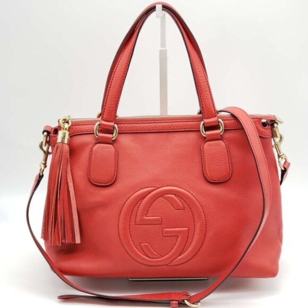 Authentic Gucci Soho Leather Tote Bag Red Shoulder Luxury Designer Bag